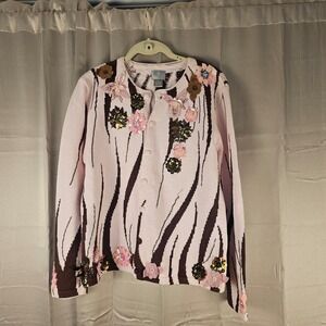 Berek Womens Pink Embellished Floral Cardigan Sweater Large